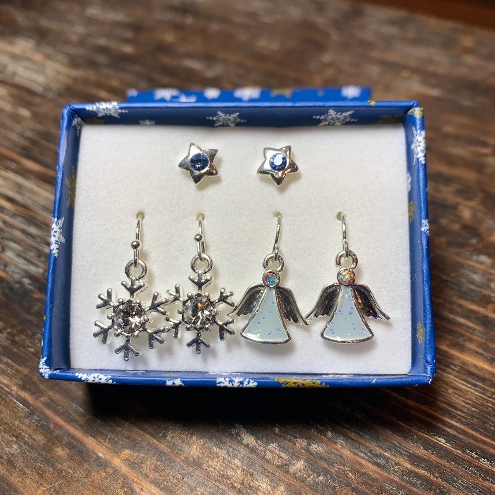 134. Avon Christmas Earrings w/ Rhinestones Set of 3 - Star, Snowflake & Angel